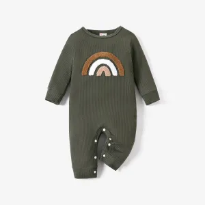 Baby Boy Rainbow Embroidered Long-sleeve Waffle Jumpsuit #204860