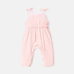 Baby Girl 100% Cotton Crepe Bow Decor Solid Cami Jumpsuit #721329