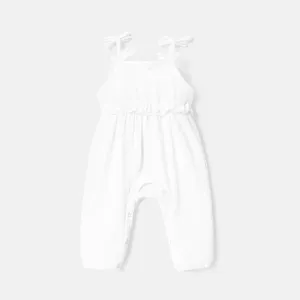 Baby Girl 100% Cotton Crepe Bow Decor Solid Cami Jumpsuit #721340