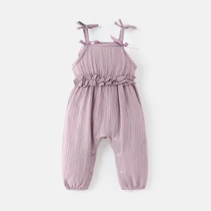 Baby Girl 100% Cotton Crepe Bow Decor Solid Cami Jumpsuit #721344