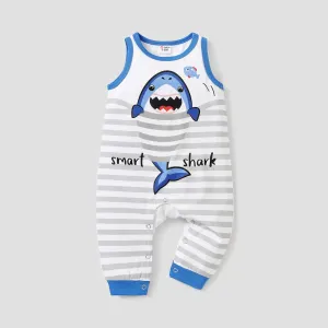 Baby Girl 100% Cotton Shark & Letter Print Striped Sleeveless Jumpsuit #803467
