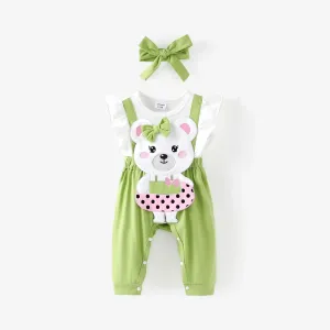 Baby Girl 2pcs 3D bear embroidery Jumpsuit and Headband Set