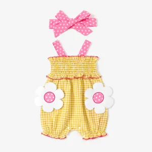 Baby Girl 2pcs Floral Applique Plaid Print Ruffled Jumpsuit with Headband #1325763
