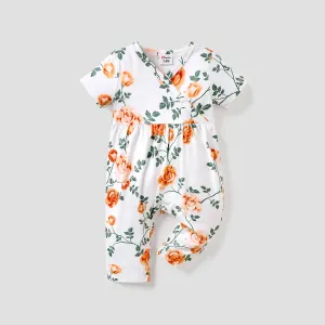 Baby Girl All Over Floral Print V Neck Short-sleeve Snap-up Jumpsuit #813399