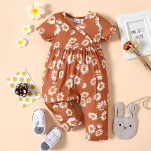 Baby Girl All Over Floral Print V Neck Short-sleeve Snap-up Jumpsuit #829768