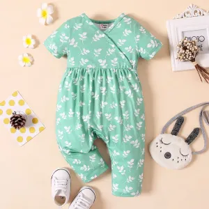 Baby Girl All Over Floral Print V Neck Short-sleeve Snap-up Jumpsuit #830013