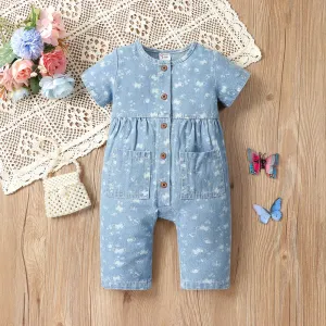 Baby Girl Allover Butterfly Print Short-sleeve Button Placket Denim Jumpsuit #1047339