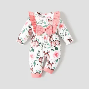 Baby Girl Allover Deer Floral Print Bow Decor Ruffle Long-sleeve Jumpsuit #1047856
