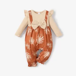 Baby Girl Bow Front Plant Print Rib-knit Panel 2 In 1 Jumpsuit #1053522