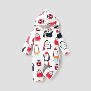 Baby Girl/Boy Christmas Penguin Pattern Double-sided Flannel Design hooded Jumpsuit #1195305