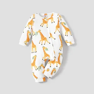 Baby Girl/Boy Giraffe Pattern Long Sleeve Jumpsuit with Zipper #1188944