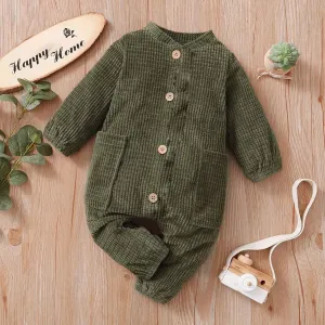 Baby Girl/Boy Solid Color Textured Button Design Long-sleeve Jumpsuit