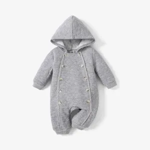 Baby Girl/Boy Solid Medium Thickness Double Button Design Hooded Jumpsuit #1206423