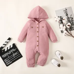 Baby Girl Buttons Front Waffle Pockets Long-sleeve Hooded Jumpsuit #1051124