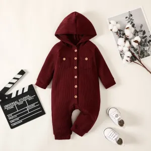 Baby Girl Buttons Front Waffle Pockets Long-sleeve Hooded Jumpsuit #1051131