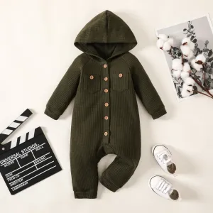 Baby Girl Buttons Front Waffle Pockets Long-sleeve Hooded Jumpsuit #1051135