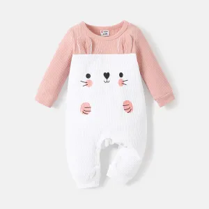 Baby Girl Cotton Ribbed 3D Ears Detail Animal Graphic Long-sleeve Colorblock Jumpsuit #220295