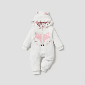 Baby Girl Fox Embroidered 3D Ears Hooded Long-sleeve Thermal Fuzzy Jumpsuit #215753