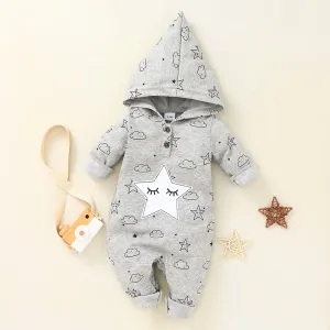Baby Girl Moon Stars Print Button Design Hooded Long-sleeve Jumpsuit #195410
