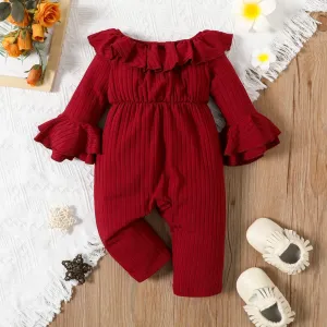 Baby Girl Solid Ribbed Off Shoulder Ruffle Bell Sleeve Jumpsuit