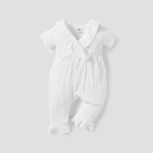 Baby Girl Solid Textured Ruffle Trim Short-sleeve Jumpsuit #201302