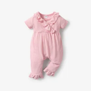 Baby Girl Solid Textured Ruffle Trim Short-sleeve Jumpsuit #201304