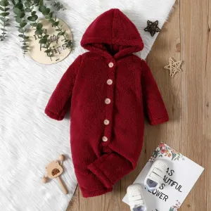 Baby Girl Solid Thickened Fuzzy Fleece Long-sleeve Hooded Jumpsuit #195854