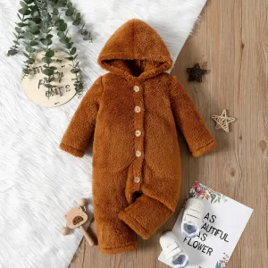 Baby Girl Solid Thickened Fuzzy Fleece Long-sleeve Hooded Jumpsuit #195861