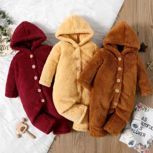 Baby Girl Solid Thickened Fuzzy Fleece Long-sleeve Hooded Jumpsuit #195865