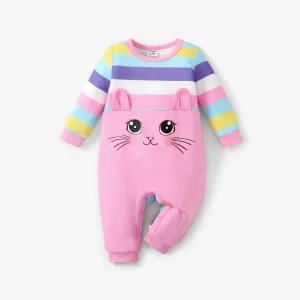 Baby Girl Sweet Cat and Stripe Pattern Long Sleeve Jumpsuit #1318104