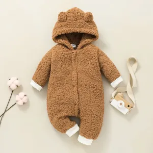 Baby Solid Thickened Fleece 3D Ears Hooded Long-sleeve Jumpsuit Snowsuit #1162941