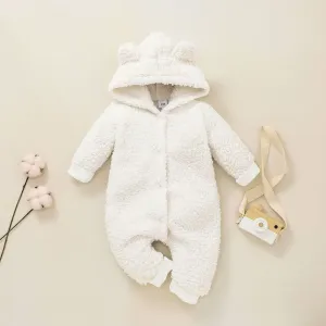 Baby Solid Thickened Fleece 3D Ears Hooded Long-sleeve Jumpsuit Snowsuit #1163756