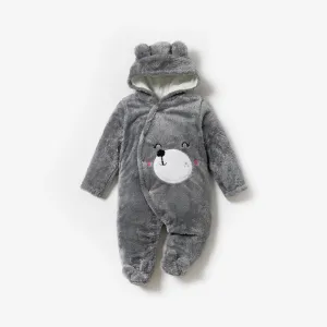 Bear Design Fleece Hooded Footed/footie Long-sleeve Baby Jumpsuit