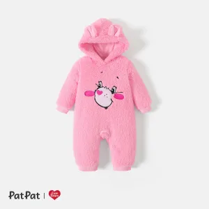 Care Bears Baby Girl Cartoon Animal Graphic 3D Ears Hooded Long-sleeve Fuzzy Fleece Jumpsuit #211300