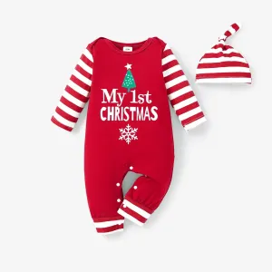 Christmas 2pcs Baby Boy/Girl 95% Cotton Striped Long-sleeve Letter Print Jumpsuit with Hat Set #995980