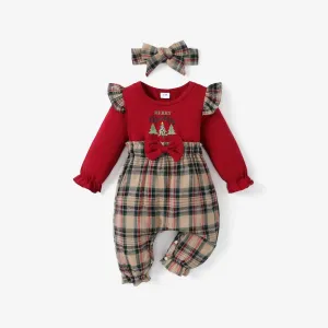 Christmas 2pcs Baby Girl 95% Cotton Ruffle Long-sleeve Xmas Tree & Letter Print Spliced Plaid Jumpsuit with Headband Set #1012030