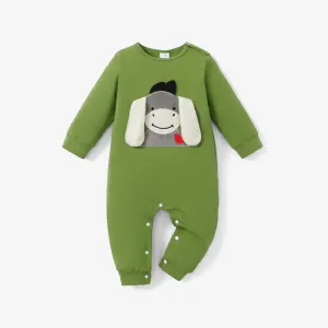 Donkey Embroidery 3D Ear Design Long-sleeve Green Baby Jumpsuit #189689