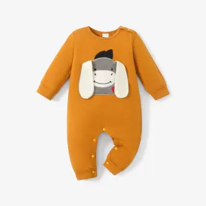 Donkey Embroidery 3D Ear Design Long-sleeve Green Baby Jumpsuit #189693