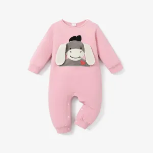 Donkey Embroidery 3D Ear Design Long-sleeve Green Baby Jumpsuit #189707