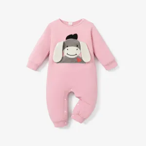 Donkey Embroidery 3D Ear Design Long-sleeve Green Baby Jumpsuit #189708