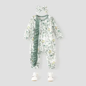 2pcs Baby Girl Ribbed Green/White Rabbit Print Long-sleeve Ruffle Jumpsuit Set #194958