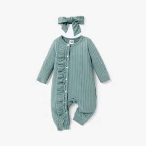 2pcs Baby Girl Ribbed Green/White Rabbit Print Long-sleeve Ruffle Jumpsuit Set #194961