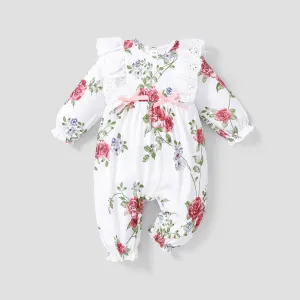 Floral Allover Bow and Lace Decor Long-sleeve Baby Jumpsuit #187377