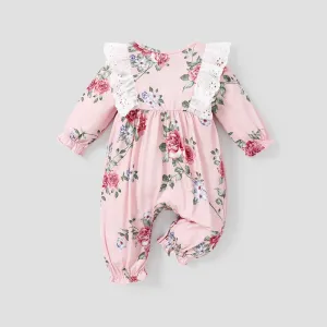 Floral Allover Bow and Lace Decor Long-sleeve Baby Jumpsuit #187383