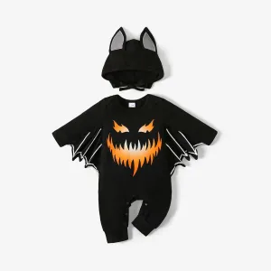 Halloween 2pcs Baby Boy/Girl 95% Cotton Batwing Sleeve Pumpkin & Letter Print Jumpsuit with Hat Set #1063815