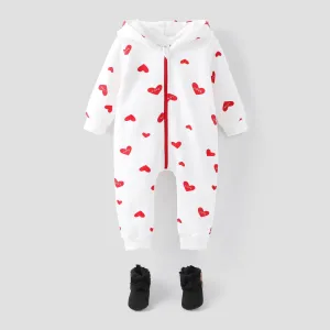 Heart or Strawberry Allover 3D Ear Decor Hooded Long-sleeve Baby Jumpsuit #783582