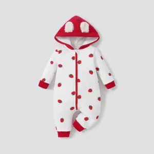 Heart or Strawberry Allover 3D Ear Decor Hooded Long-sleeve Baby Jumpsuit #783587