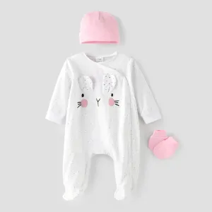 Rabbit Print 3D Ear Desert Dotted Footed/footie Long-sleeve White Baby Jumpsuit #189088