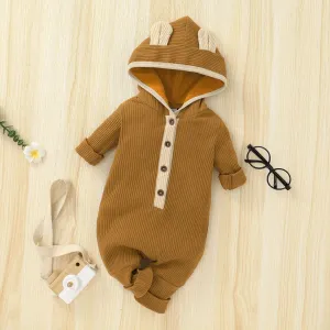 Ribbed Solid Hooded 3D Ear Long-sleeve Baby Jumpsuit #191941