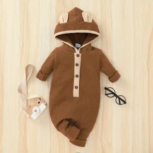 Ribbed Solid Hooded 3D Ear Long-sleeve Baby Jumpsuit #191945